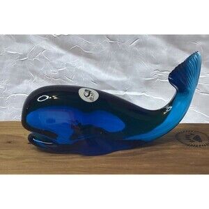 FENTON Whale Art Glass Indigo Cobalt Blue Paperweight Vintage Home Decor